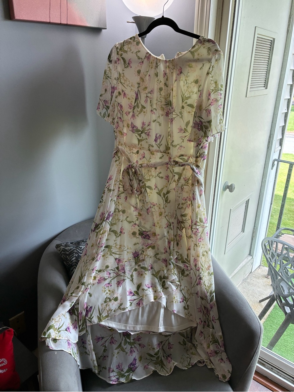 Floral Asymmetrical High-Low Dress in Cream with Pink & Green